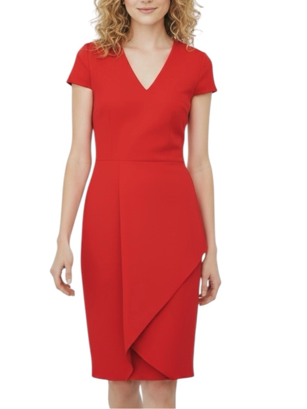NWT ADRIANNA PAPELL Red Short Sleeve V-Neck Asymmetrical Detail Dress Size 4